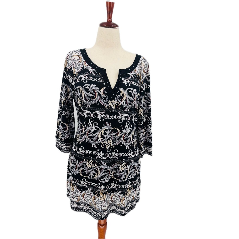 White House Black Market Studded Scroll Print Dress Womens Large Black White XL